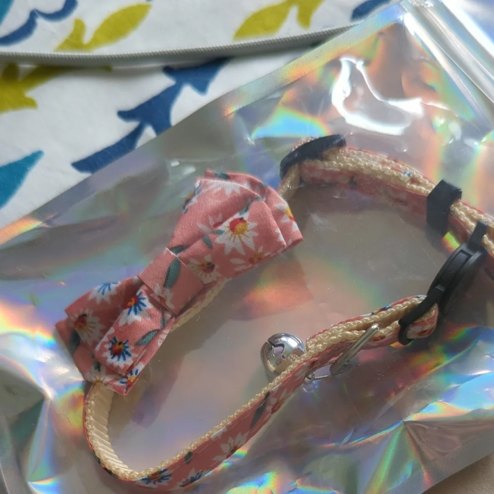 Pink Floral Patterned Cat Collar With Bow Tie